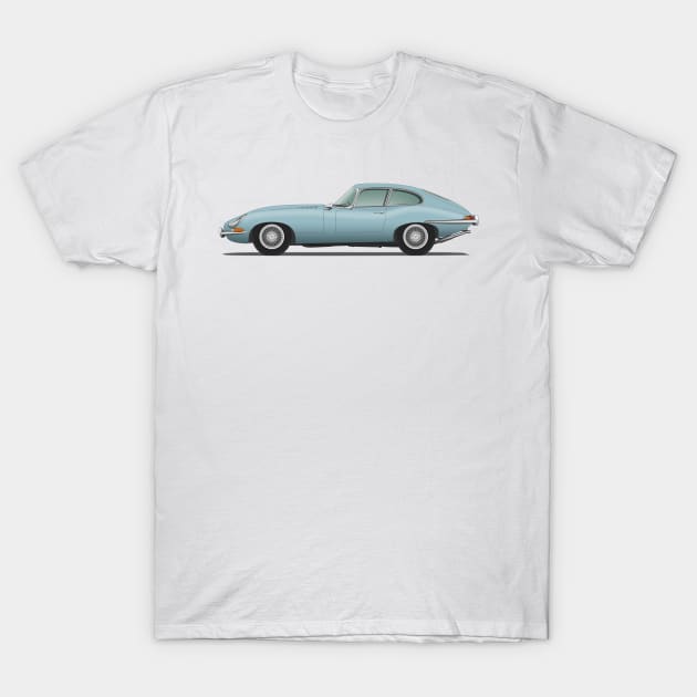 Jaguar E Type Fixed Head Coupe Silver Blue T-Shirt by SteveHClark